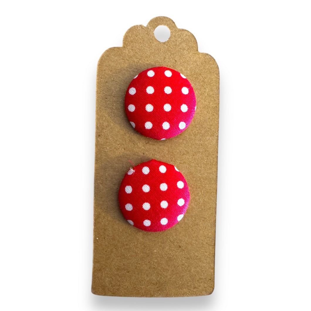Upcycled fabric covered stud earrings with stainless steel posts - red polka dots