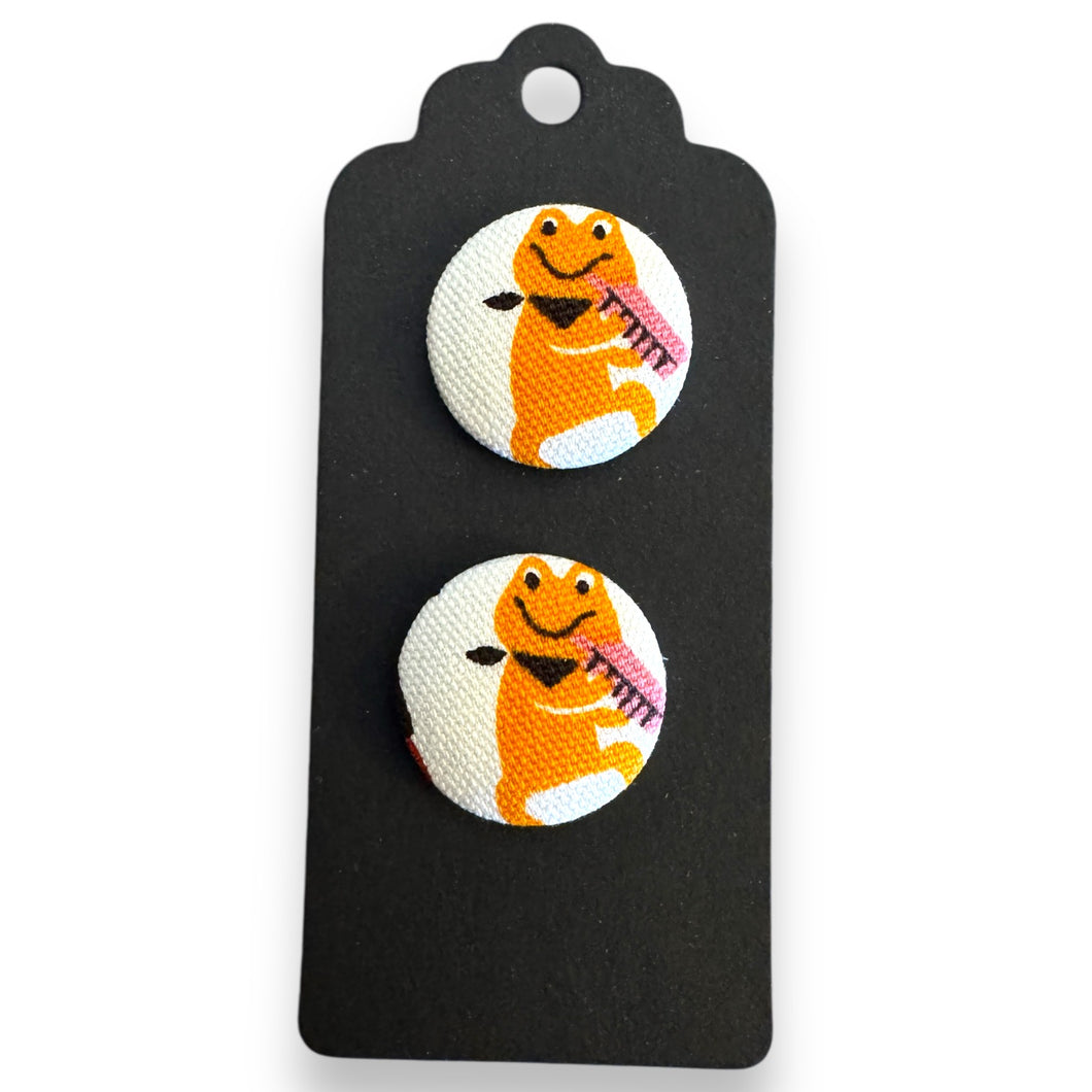 Upcycled fabric covered stud earrings with stainless steel posts - keytar frog