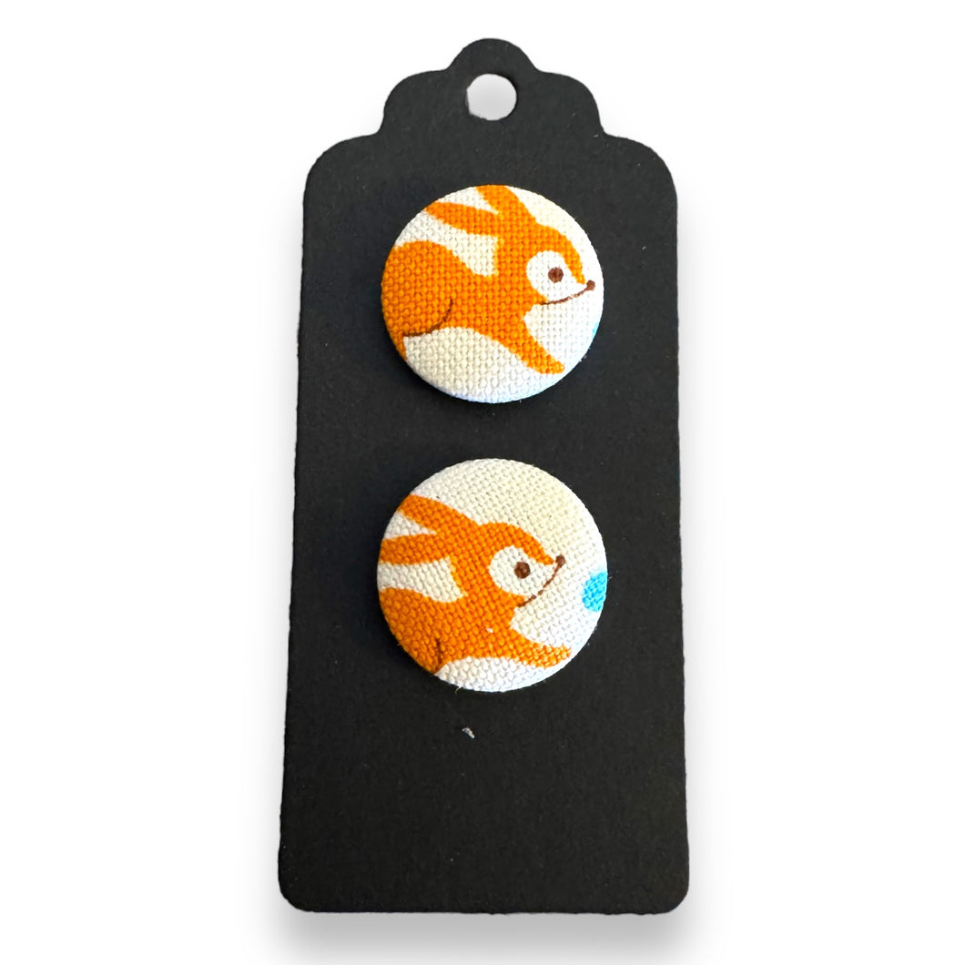 Upcycled fabric covered stud earrings with stainless steel posts - jumping rabbits