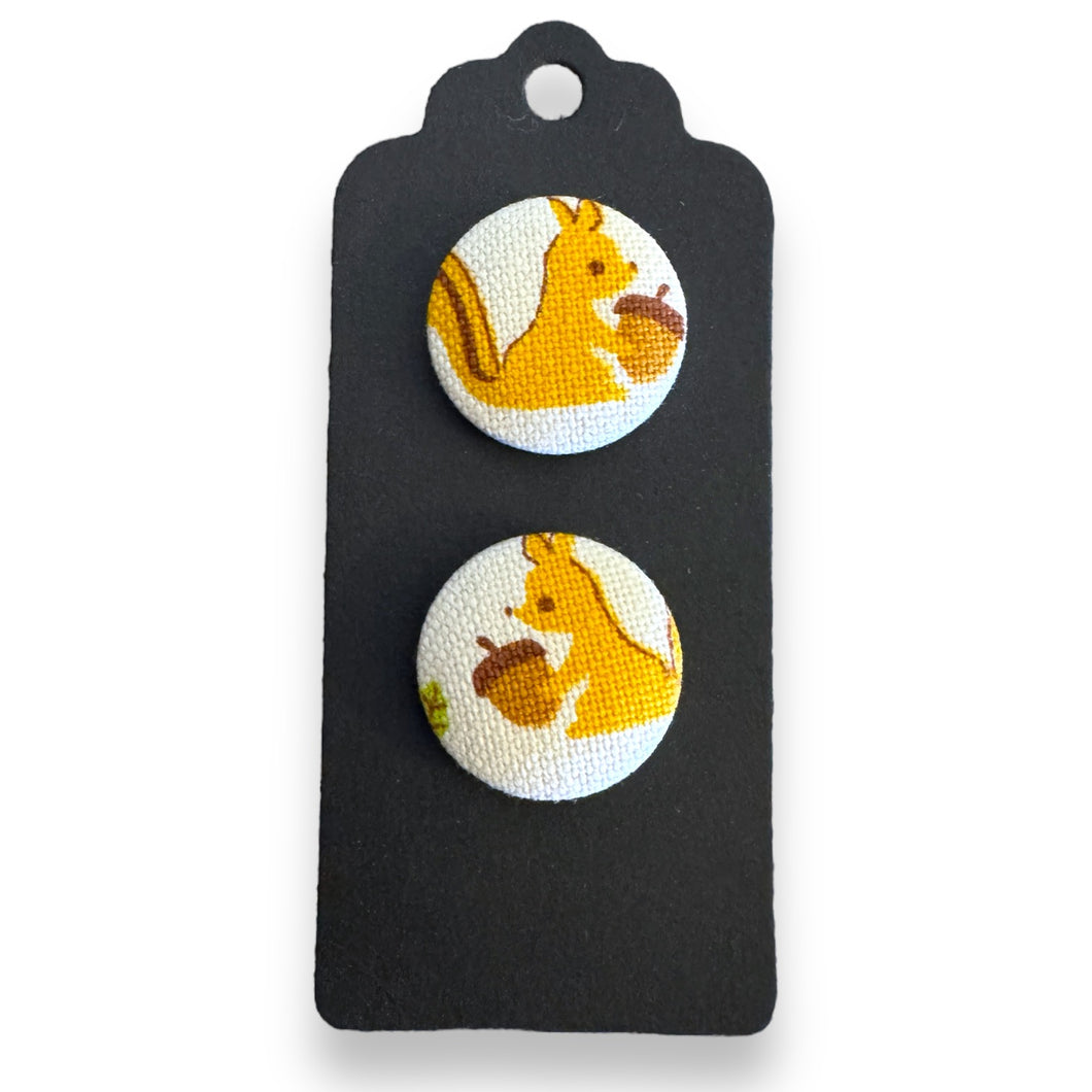 Upcycled fabric covered stud earrings with stainless steel posts - acorn squirrels