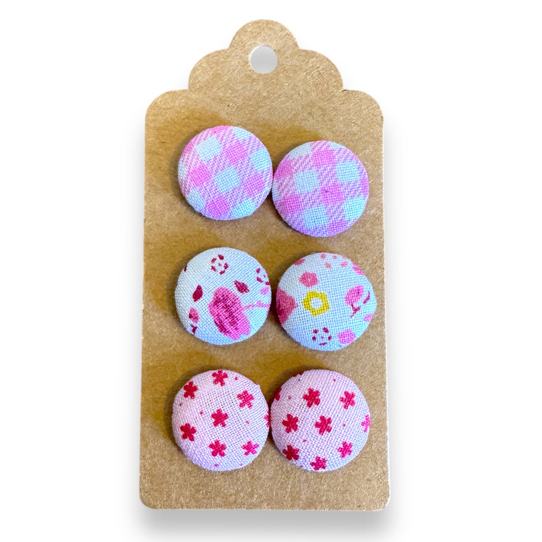 Upcycled fabric covered stud earrings with stainless steel posts - Set of 3 pretty in pink