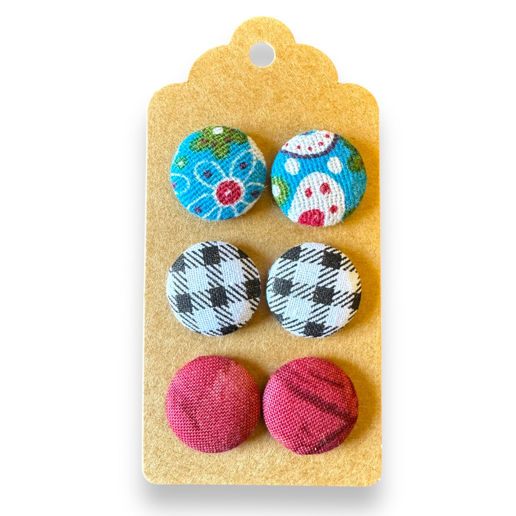 Upcycled fabric covered stud earrings with stainless steel posts - Set of 3 city chic