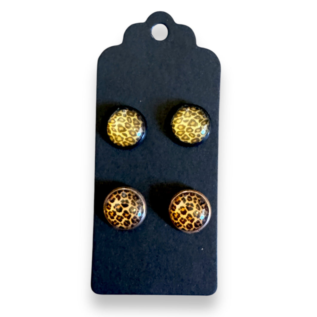 Upcycled two pairs of glass stud earrings with stainless steel posts - leopard print