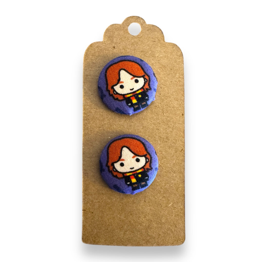 Upcycled fabric covered stud earrings with stainless steel posts - girl wizard