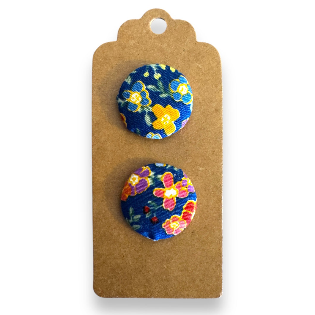 Upcycled fabric covered stud earrings with stainless steel posts - navy florals