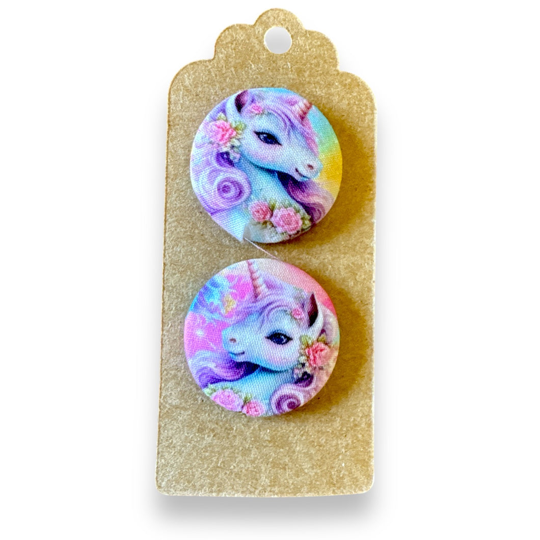 Upcycled fabric covered stud earrings with stainless steel posts - unicorns