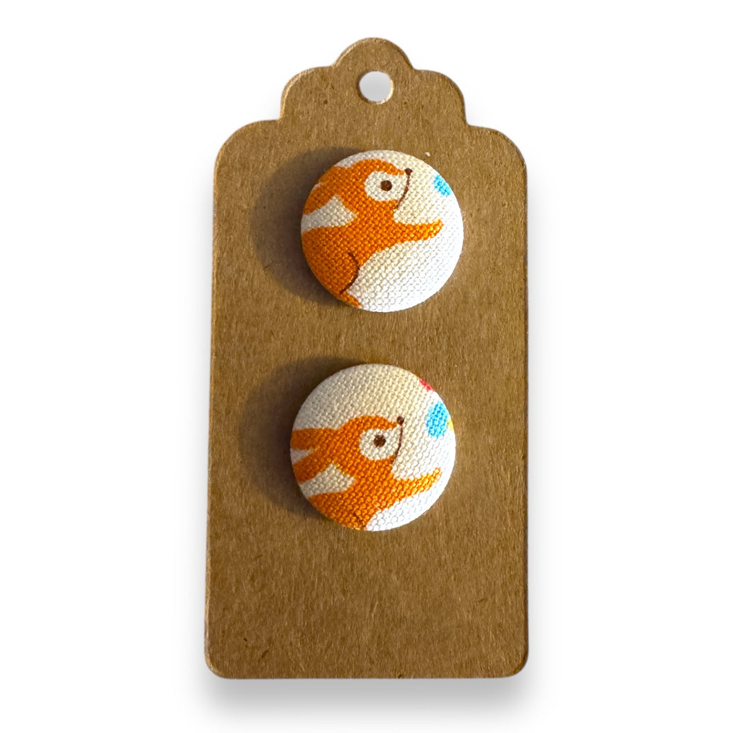 Upcycled fabric covered stud earrings with stainless steel posts - happy bunnies