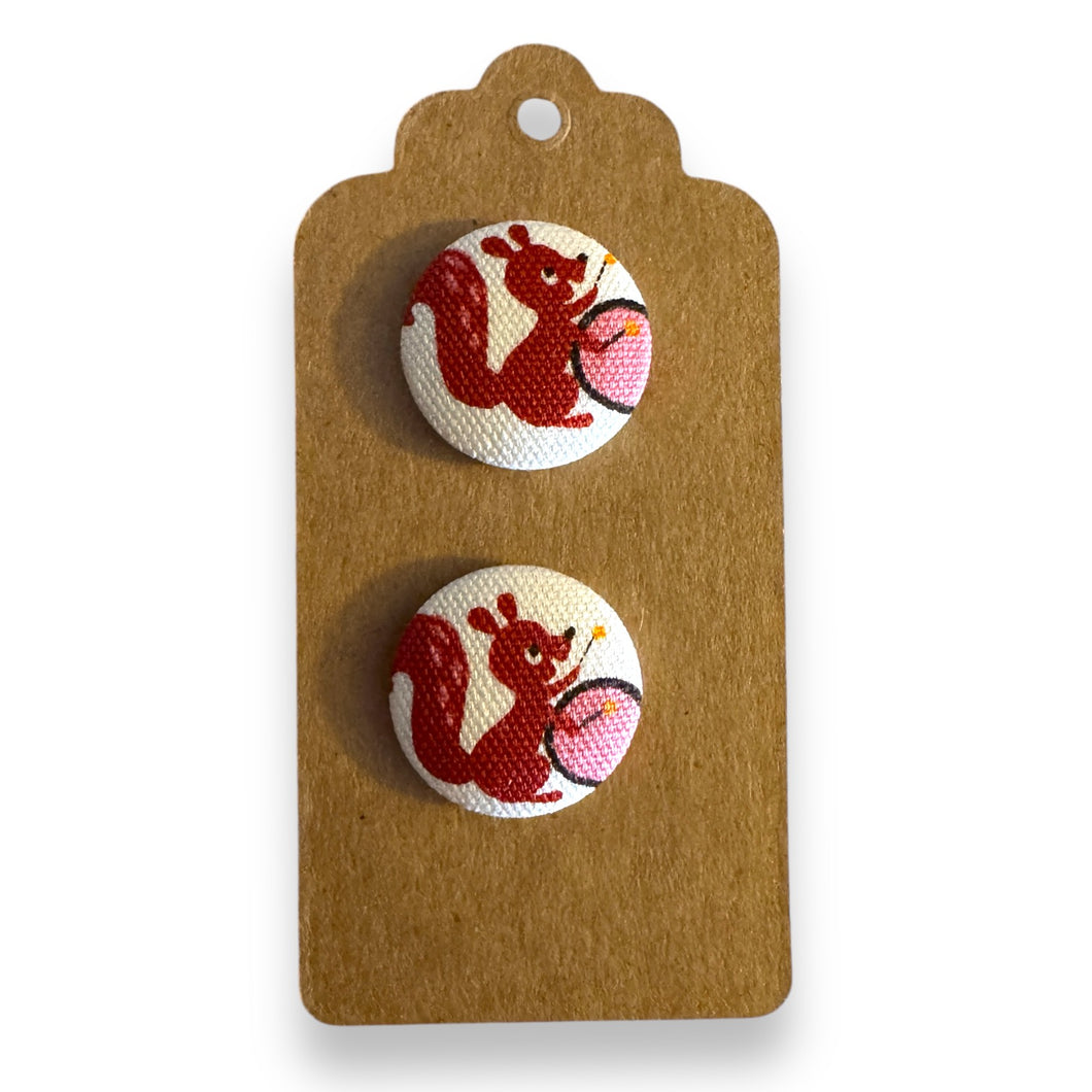 Upcycled fabric covered stud earrings with stainless steel posts - drumming squirrels