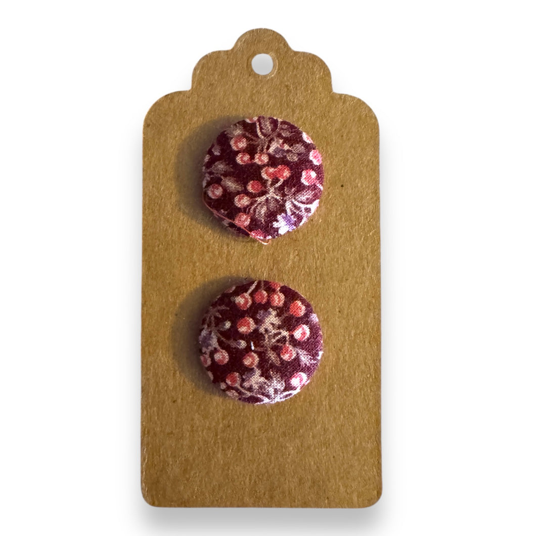 Upcycled fabric covered stud earrings with stainless steel posts - burgundy florals