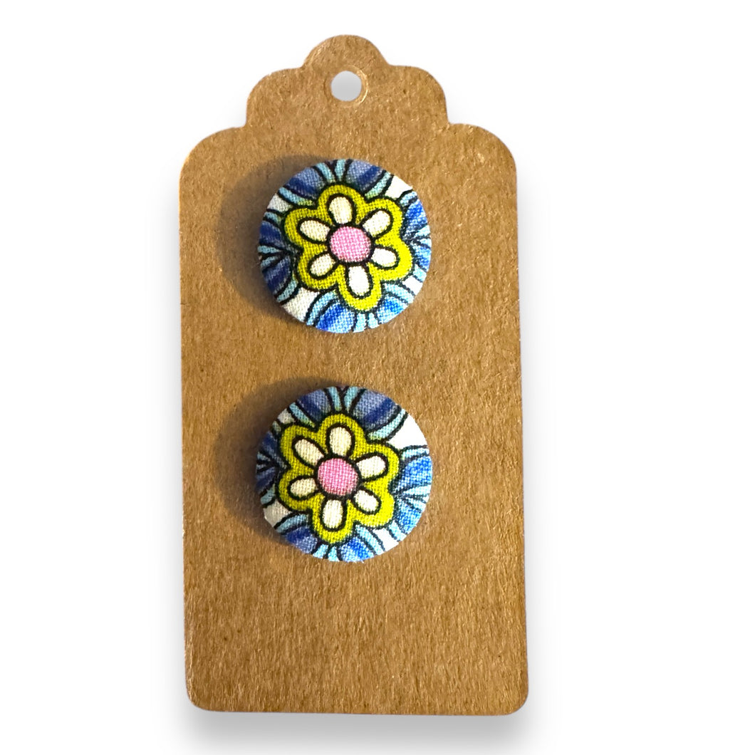 Upcycled fabric covered stud earrings with stainless steel posts - blue florals
