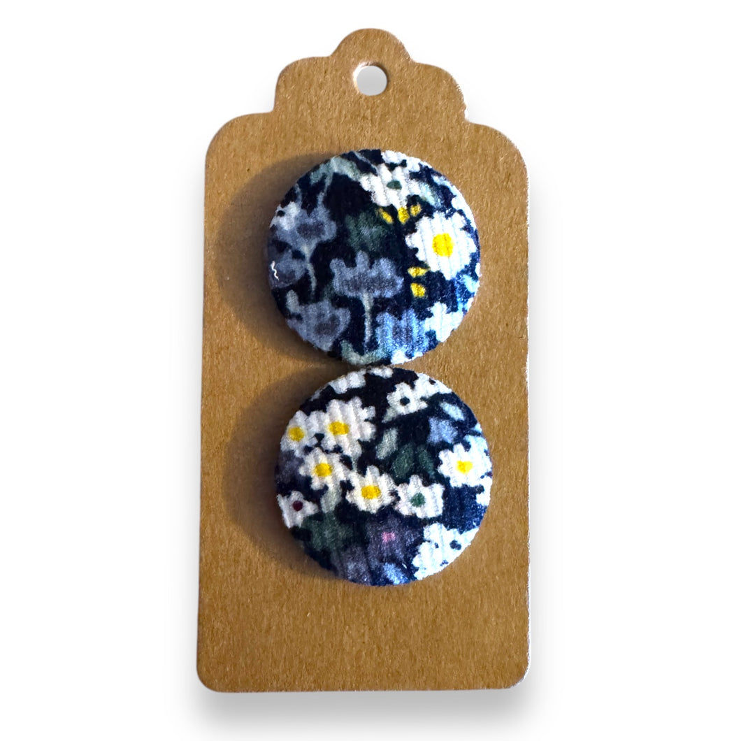 Upcycled fabric covered stud earrings with stainless steel posts - blue corderoy daisies