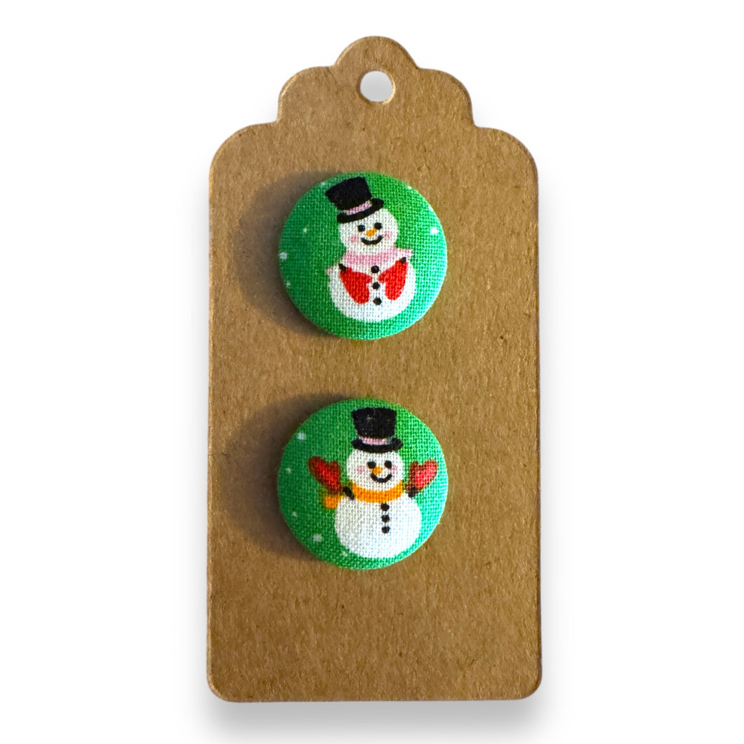 Upcycled fabric covered stud earrings with stainless steel posts - Christmas Snowmen