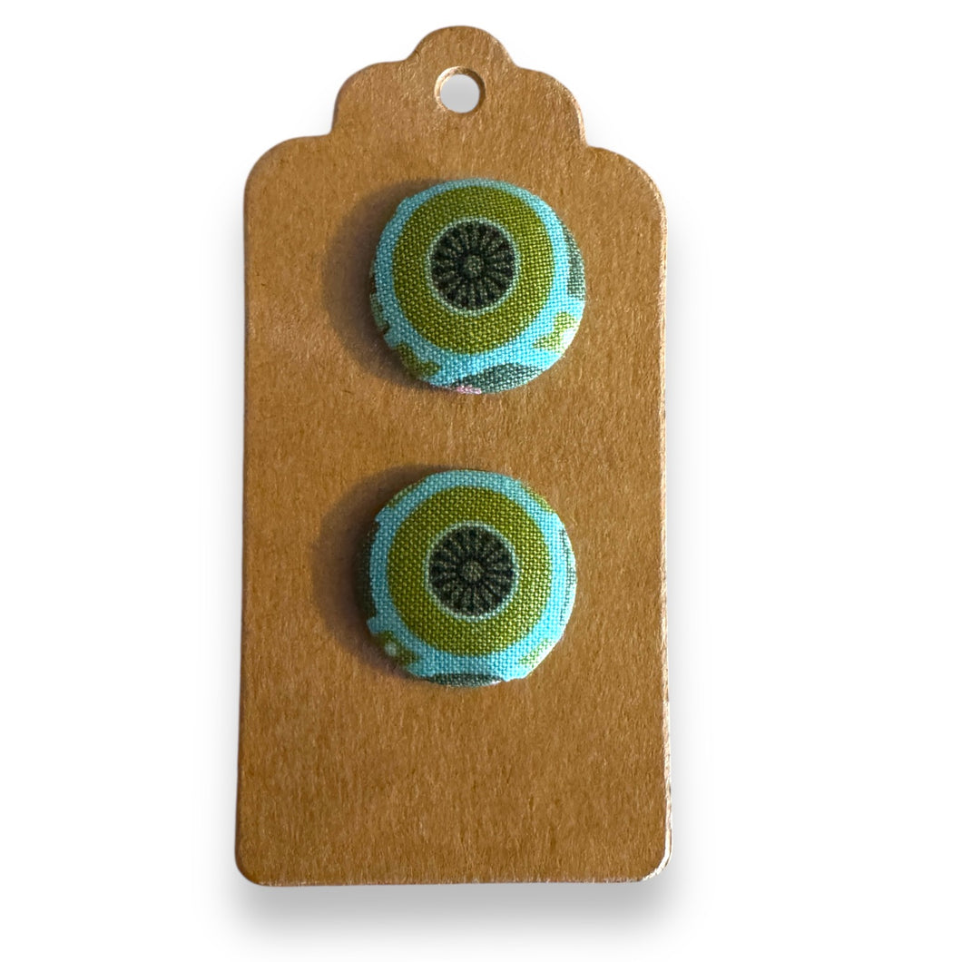 Upcycled fabric covered stud earrings with stainless steel posts - green eyes