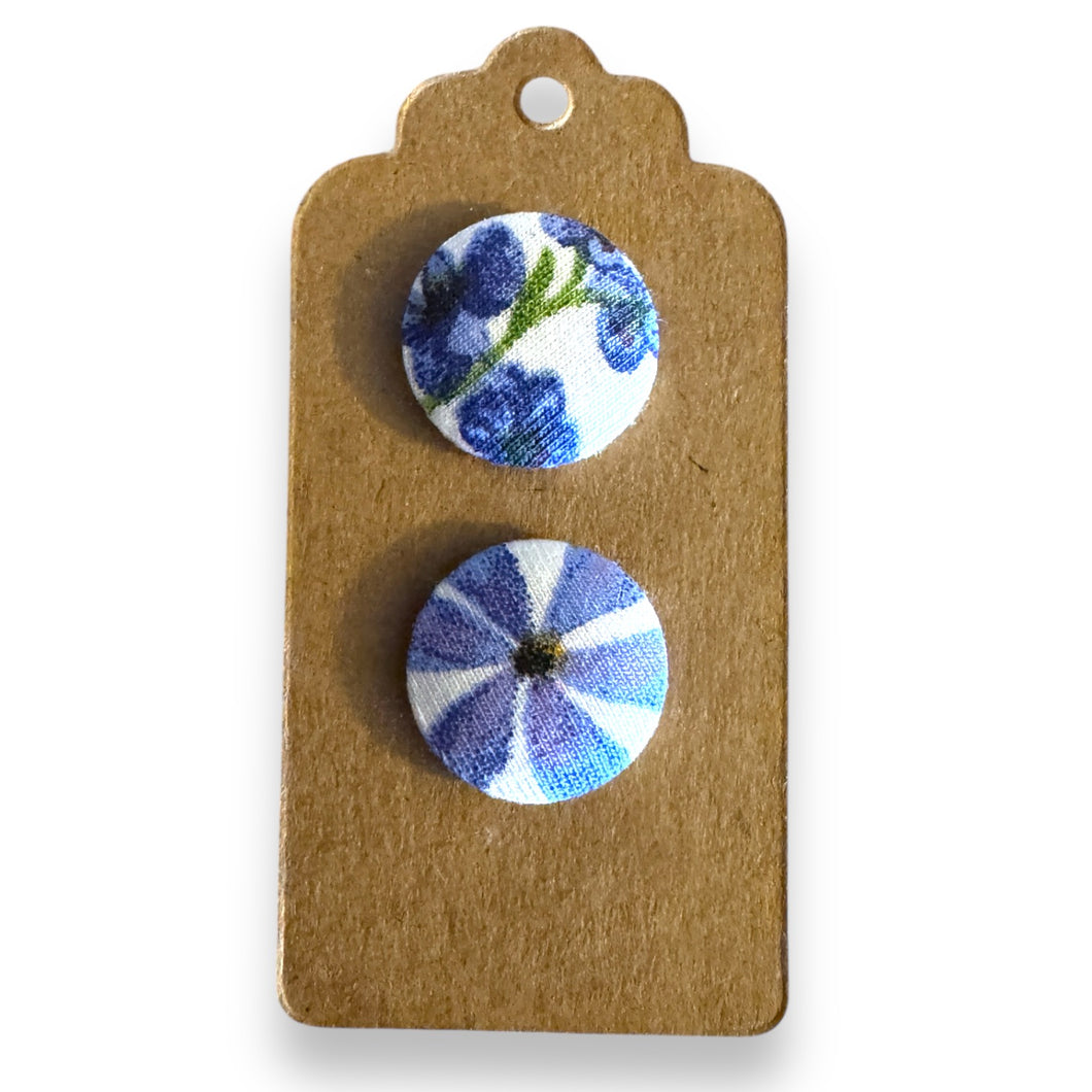 Upcycled fabric covered stud earrings with stainless steel posts - blue florals