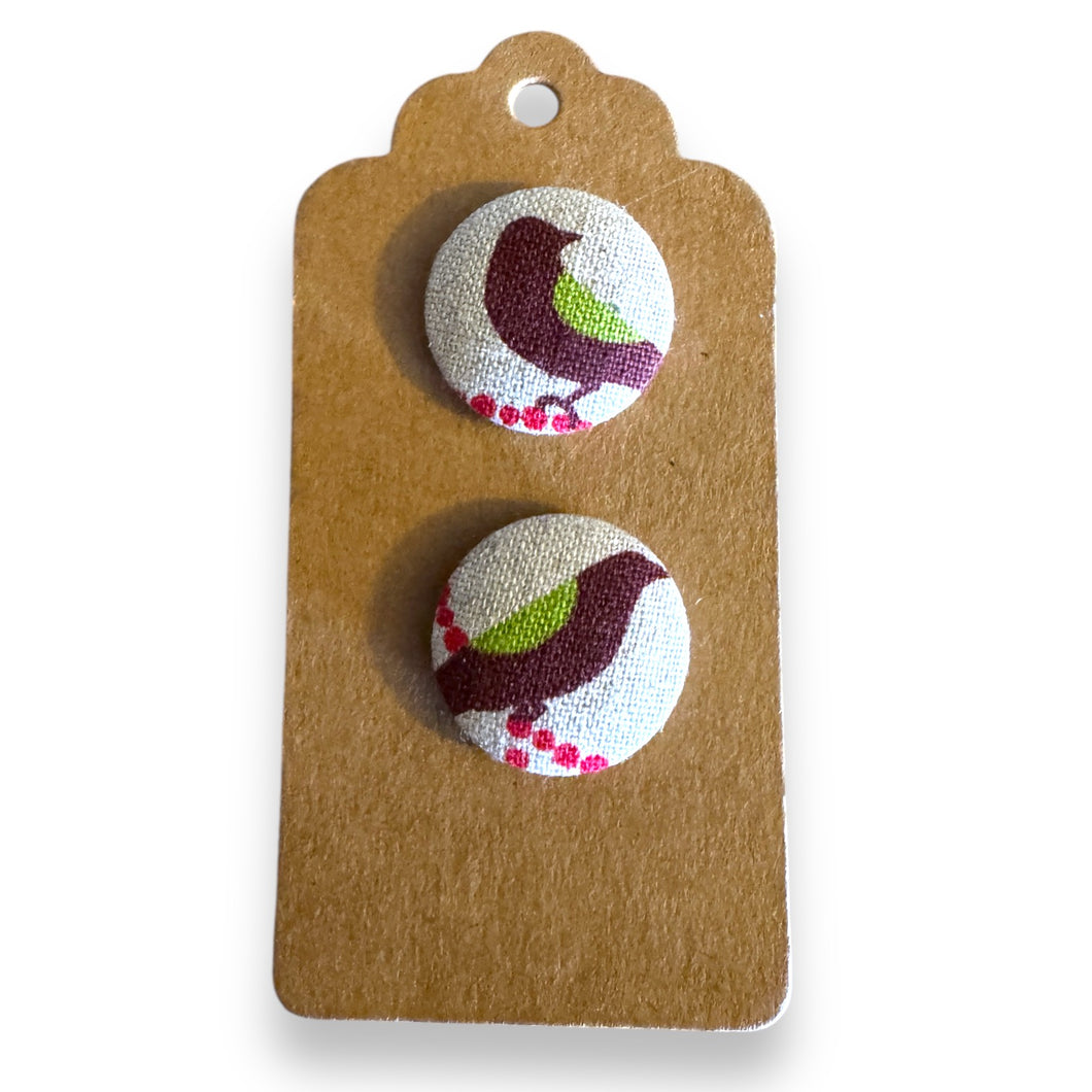 Upcycled fabric covered stud earrings with stainless steel posts - birds