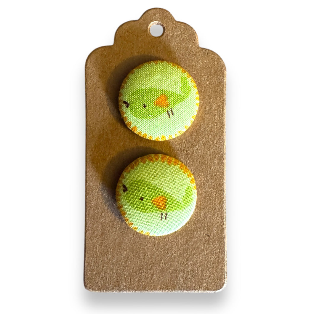 Upcycled fabric covered stud earrings with stainless steel posts - green country birds
