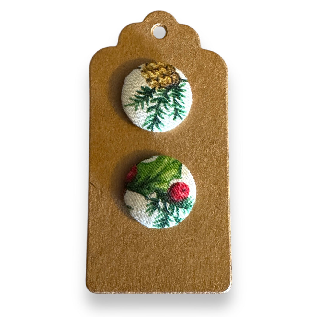 Upcycled fabric covered stud earrings with stainless steel posts - Christmas foliage