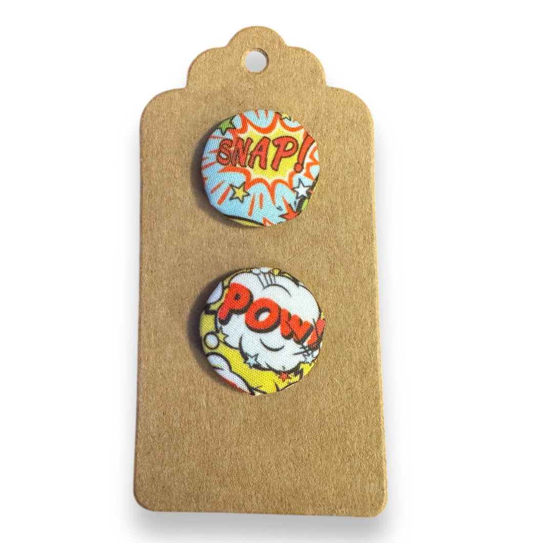 Upcycled fabric covered stud earrings with stainless steel posts - SNAP POW!