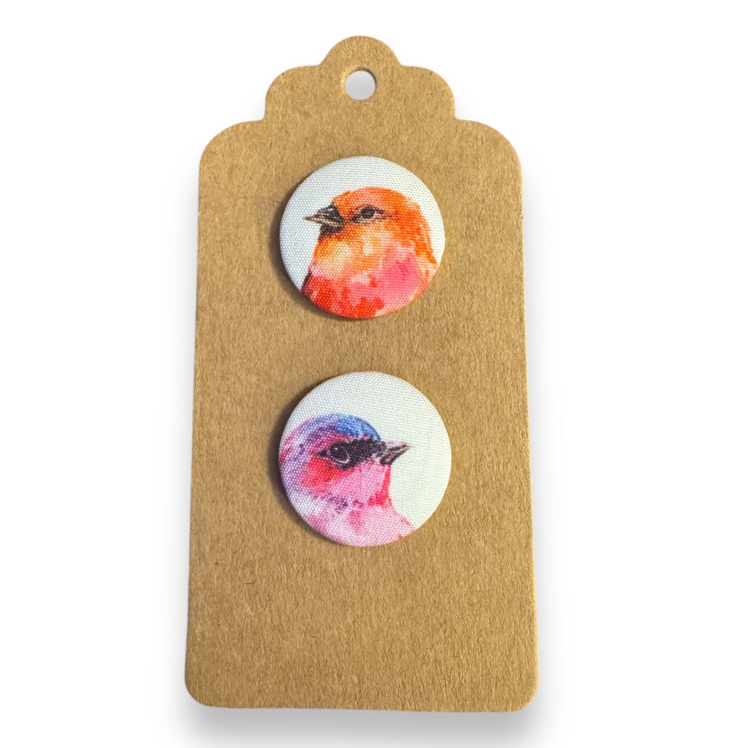 Upcycled fabric covered stud earrings with stainless steel posts - watercolour birds