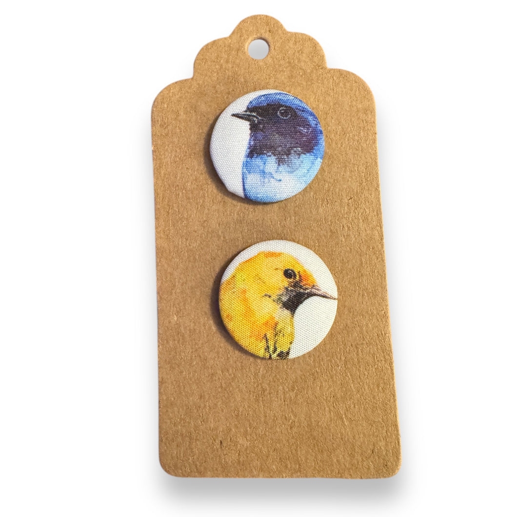 Upcycled fabric covered stud earrings with stainless steel posts - watercolour birds