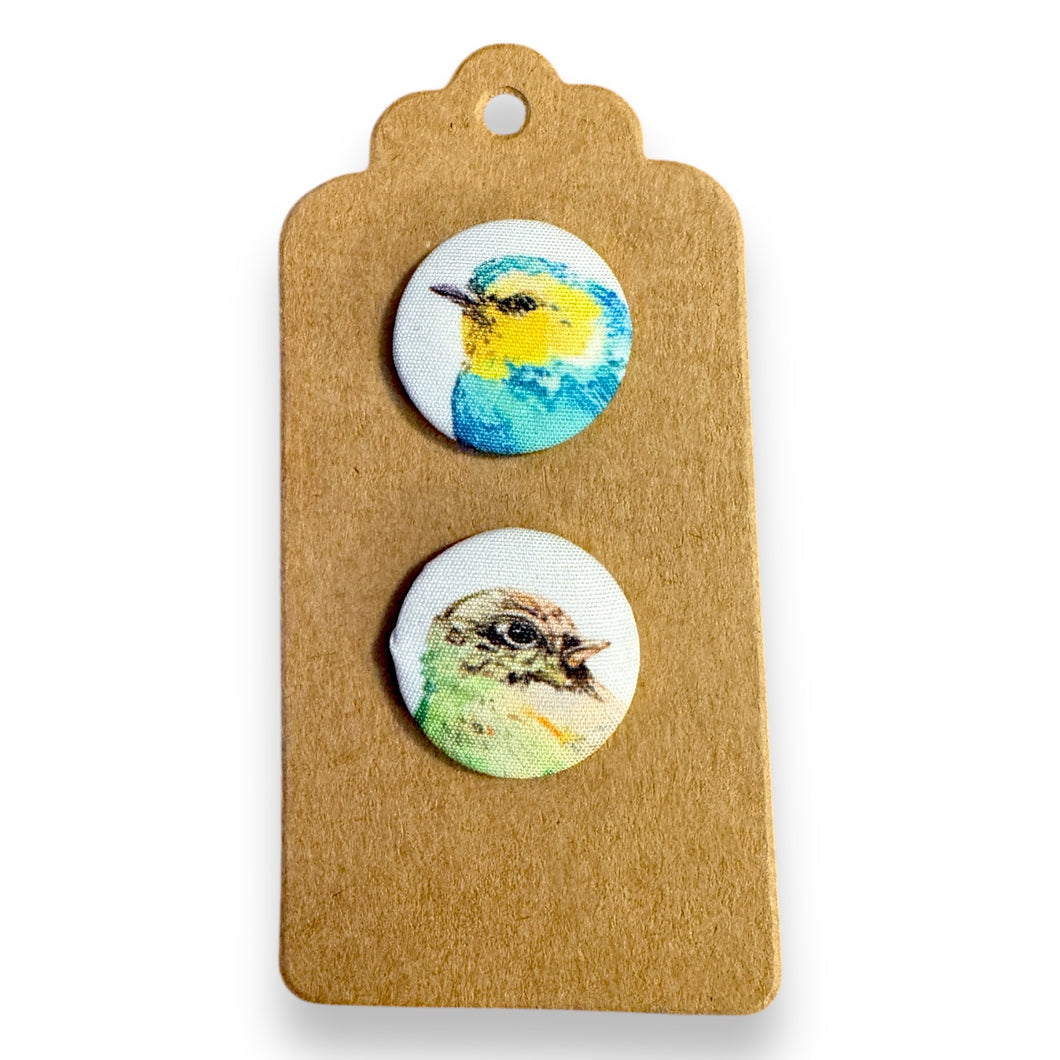 Upcycled fabric covered stud earrings with stainless steel posts - watercolour birds