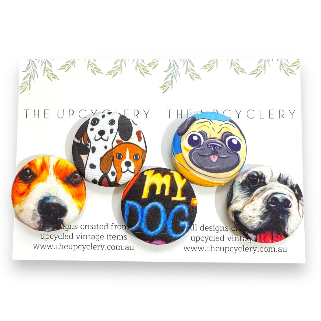 Upcycled fabric covered fridge magnet set of 5 - CUTE DOGS