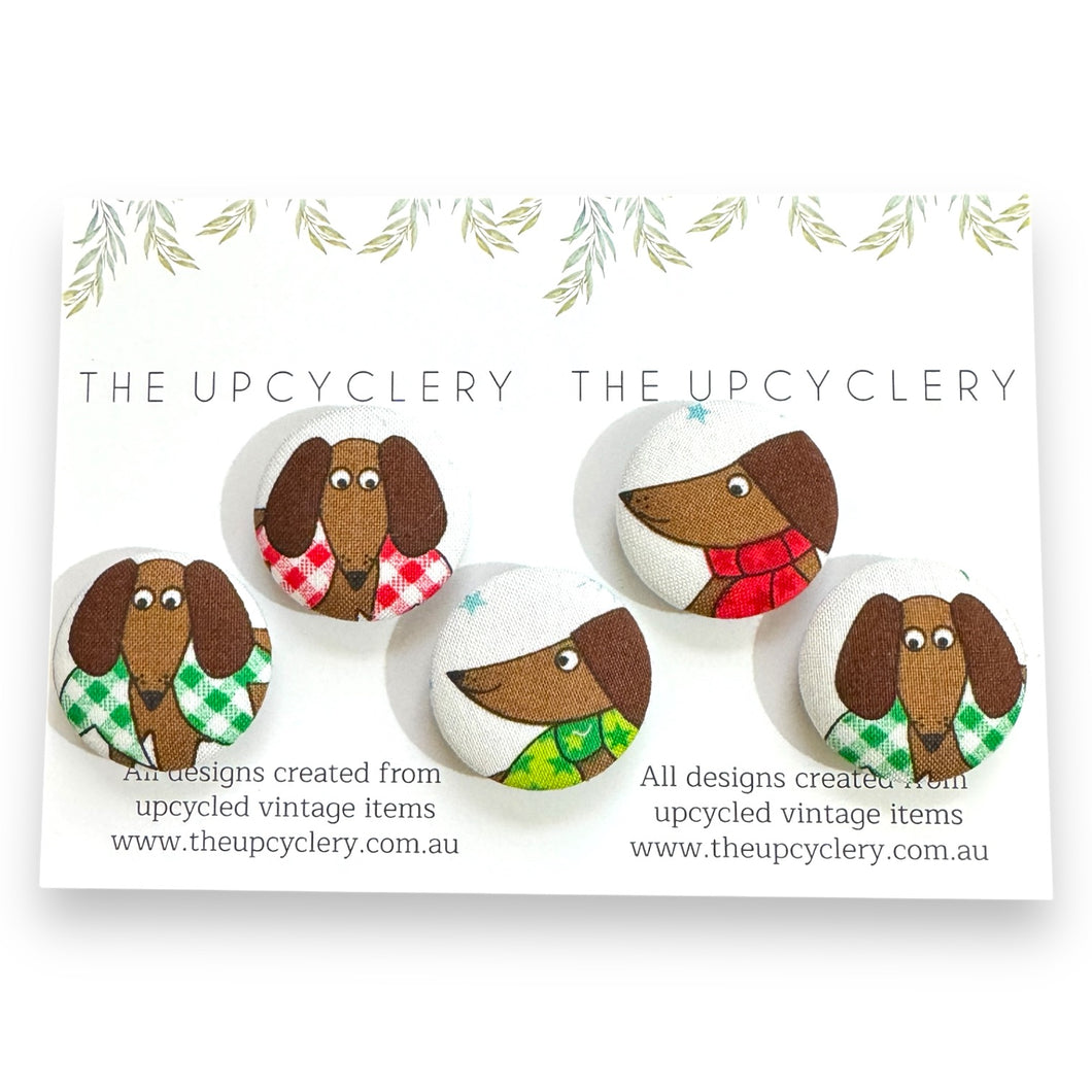 Upcycled fabric covered fridge magnet set of 5 - cute dachshunds