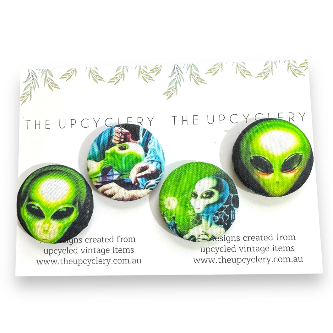 Upcycled fabric covered fridge magnet set of 4 - ALIENS