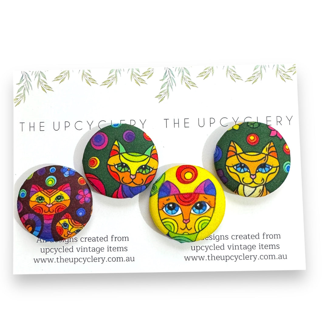 Upcycled fabric covered fridge magnet set of 4 - stained glass cats
