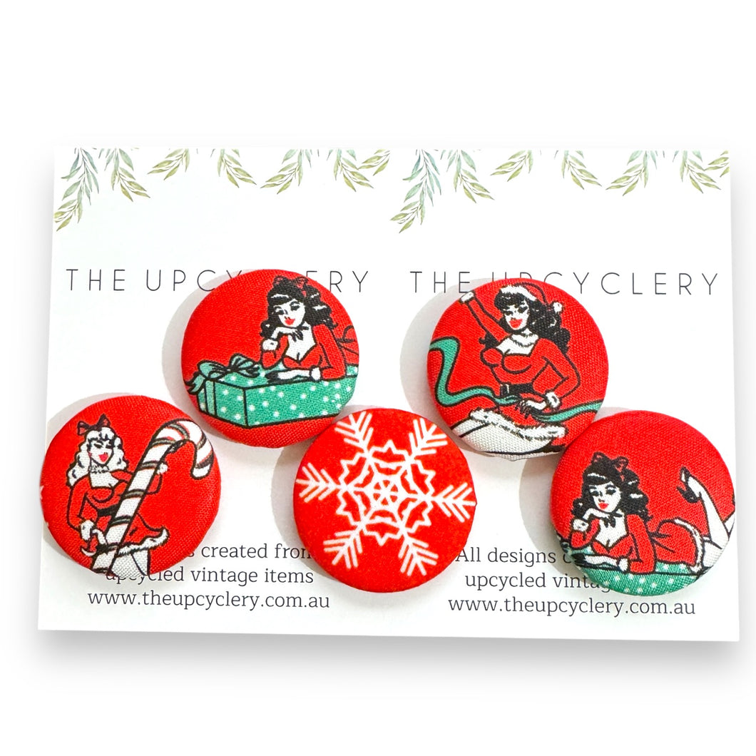 Upcycled fabric covered fridge magnet set of 5 - Vintage Christmas pin-up girls