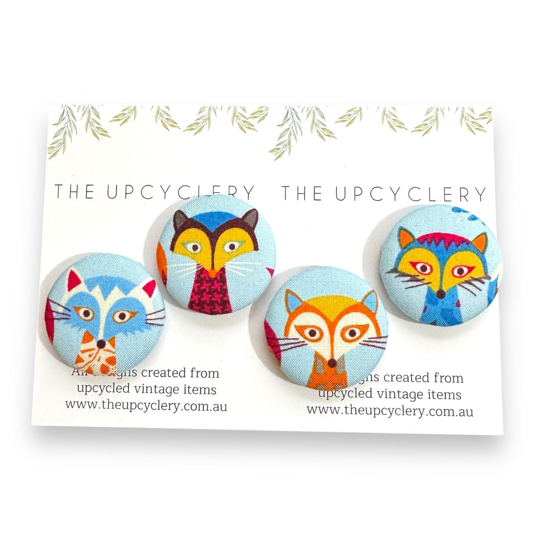 Upcycled fabric covered fridge magnet set of 4 - Funky Foxes