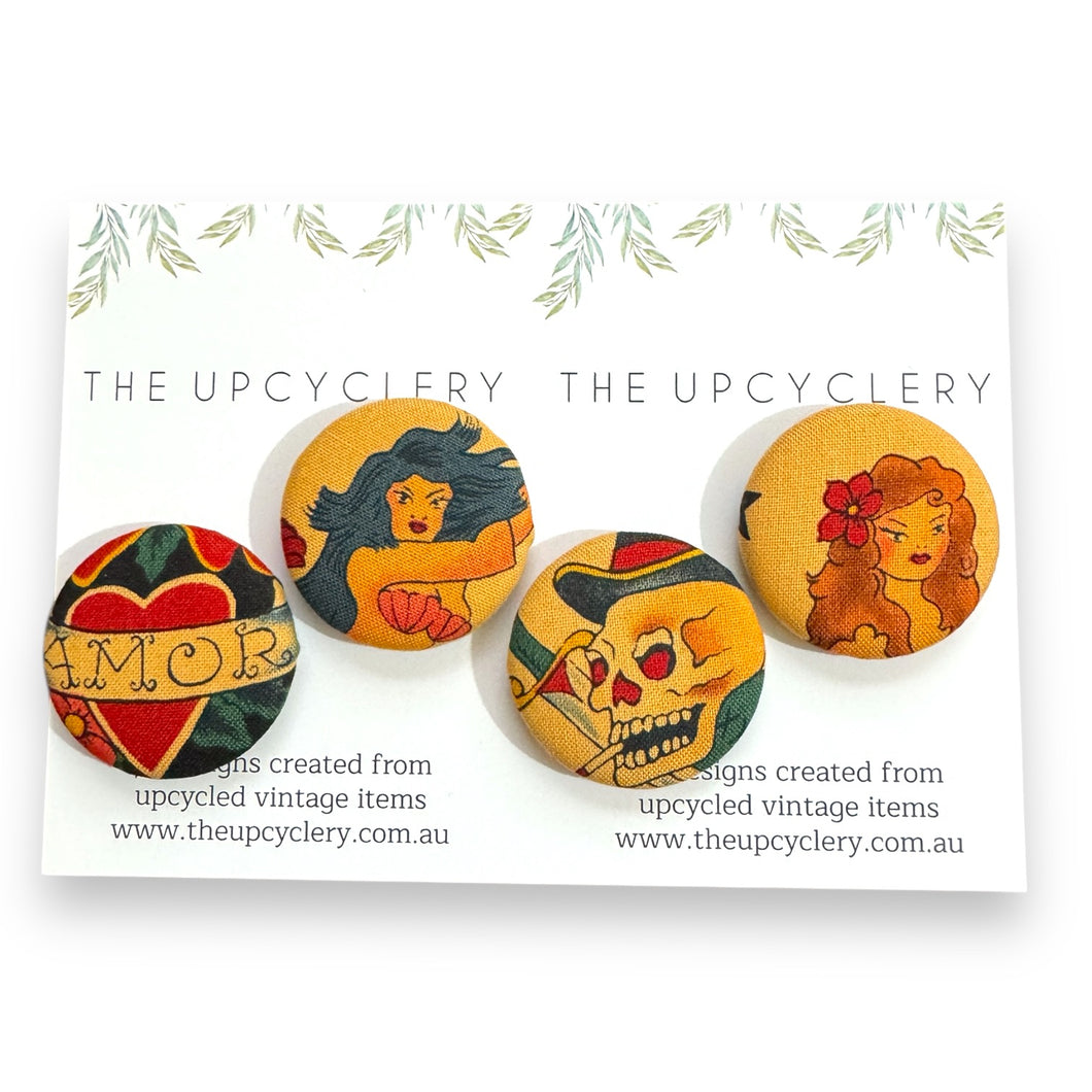 Upcycled fabric covered fridge magnet set of 4 - tattoo designs