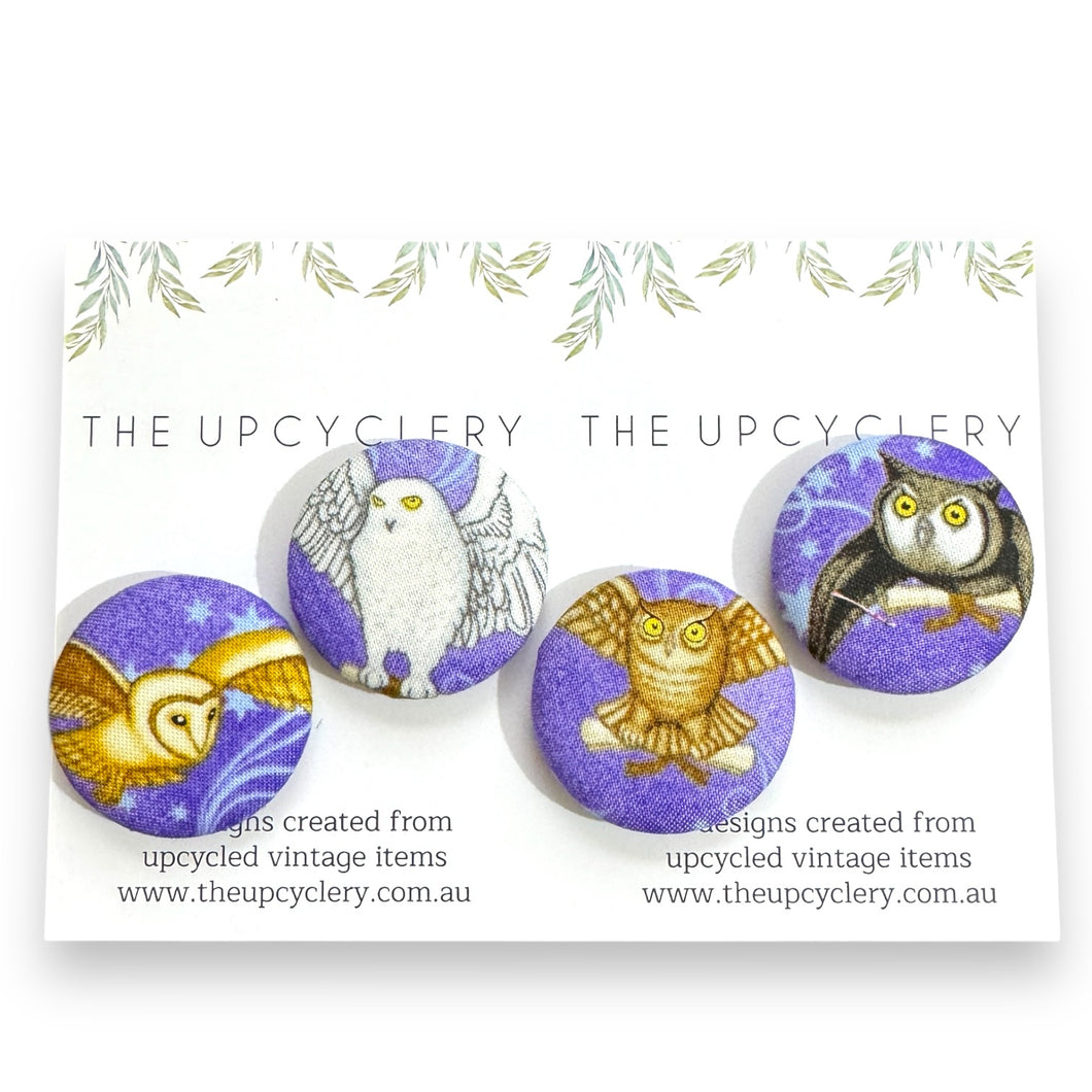Upcycled fabric covered fridge magnet set of 4 - MAGIC OWLS