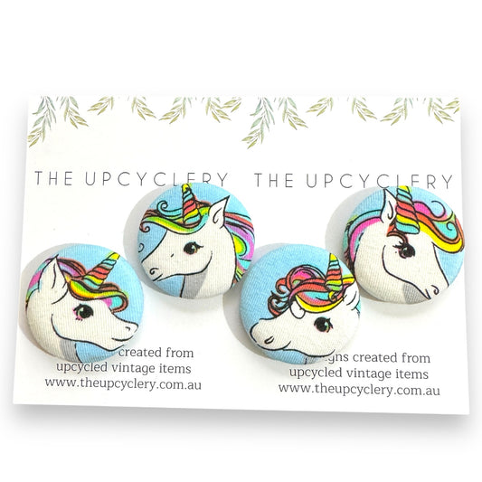 Upcycled fabric covered fridge magnet set of 4 - RAINBOW UNICORNS
