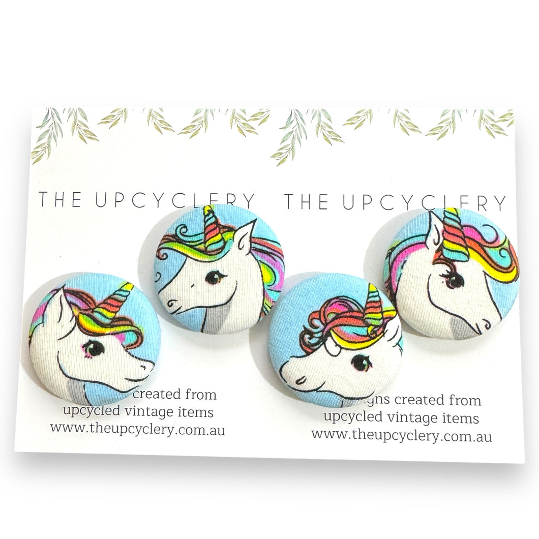 Upcycled fabric covered fridge magnet set of 4 - RAINBOW UNICORNS
