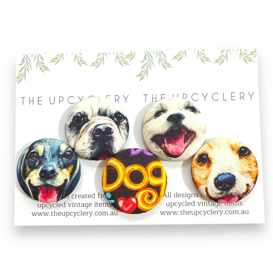 Upcycled fabric covered fridge magnet set of 5 - FAB DOGS