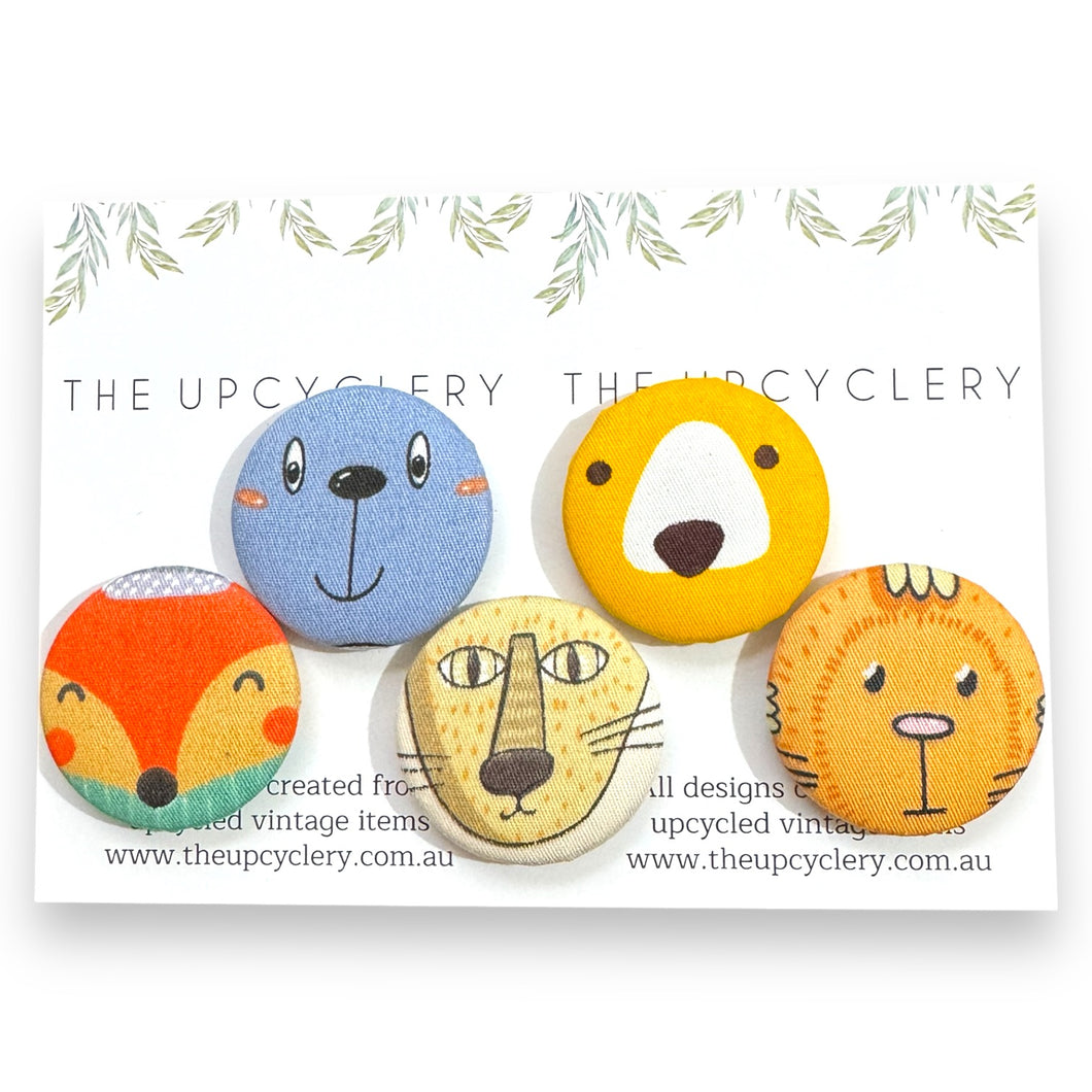 Upcycled fabric covered fridge magnet set of 5 - ANIMAL FACES