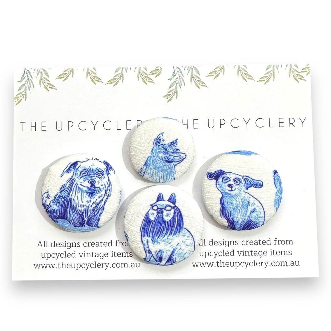 Upcycled fabric covered fridge magnet set of 4 - BLUE & WHITE DOGS