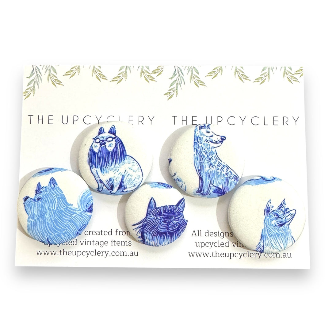 Upcycled fabric covered fridge magnet set of 5 - BLUE & WHITE DOGS
