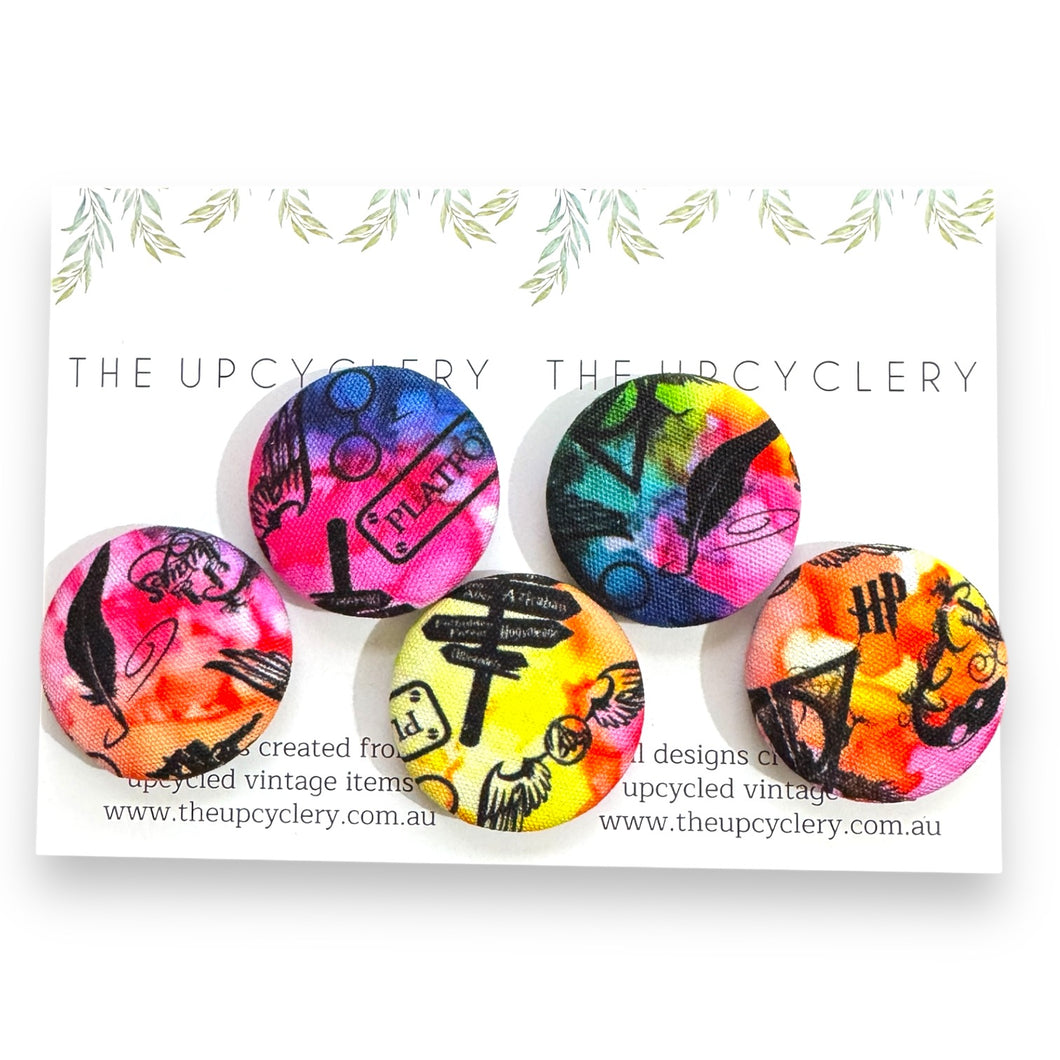 Upcycled fabric covered fridge magnet set of 5 - RAINBOW BOY WIZARD
