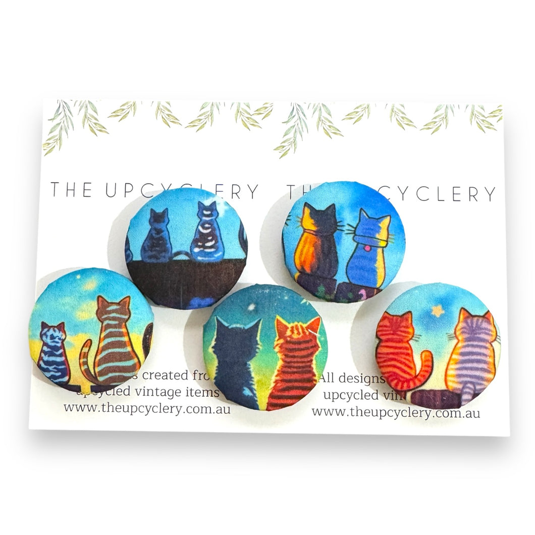 Upcycled fabric covered fridge magnet set of 5 - NIGHT TIME CATS