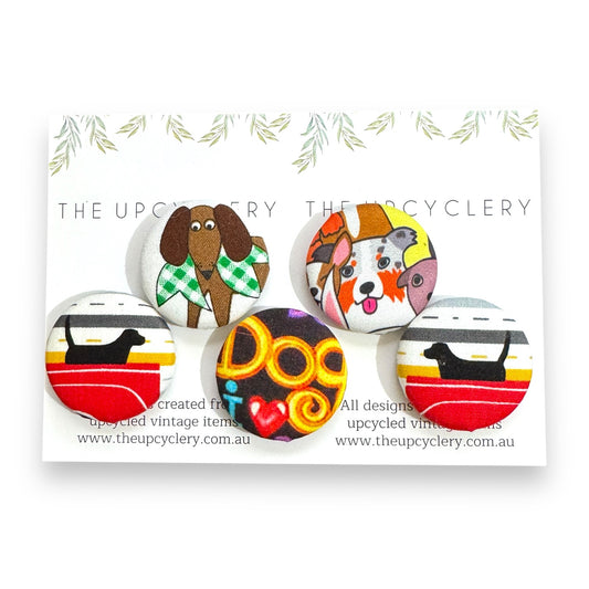 Upcycled fabric covered fridge magnet set of 5 - CUTE DOGS