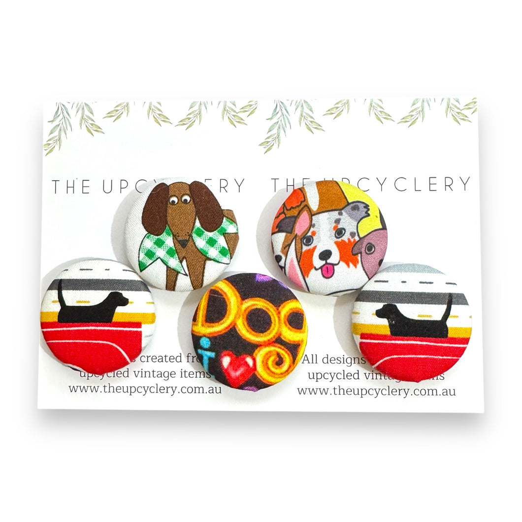 Upcycled fabric covered fridge magnet set of 5 - CUTE DOGS