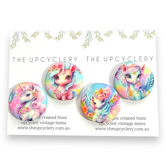 Upcycled fabric covered fridge magnet set of 4 - RAINBOW UNICORNS
