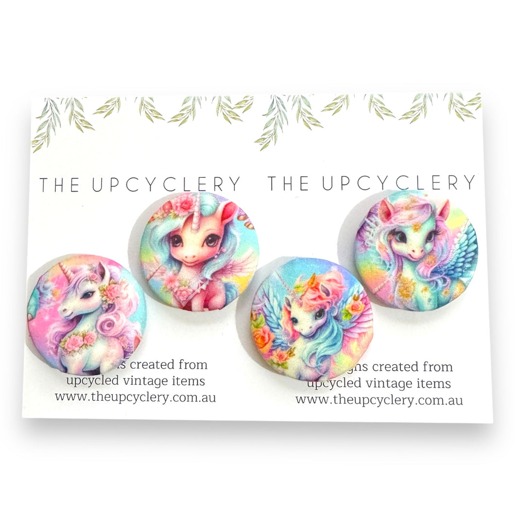Upcycled fabric covered fridge magnet set of 4 - RAINBOW UNICORNS