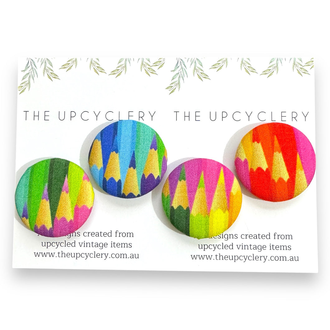 Upcycled fabric covered fridge magnet set of 4 - RAINBOW PENCILS