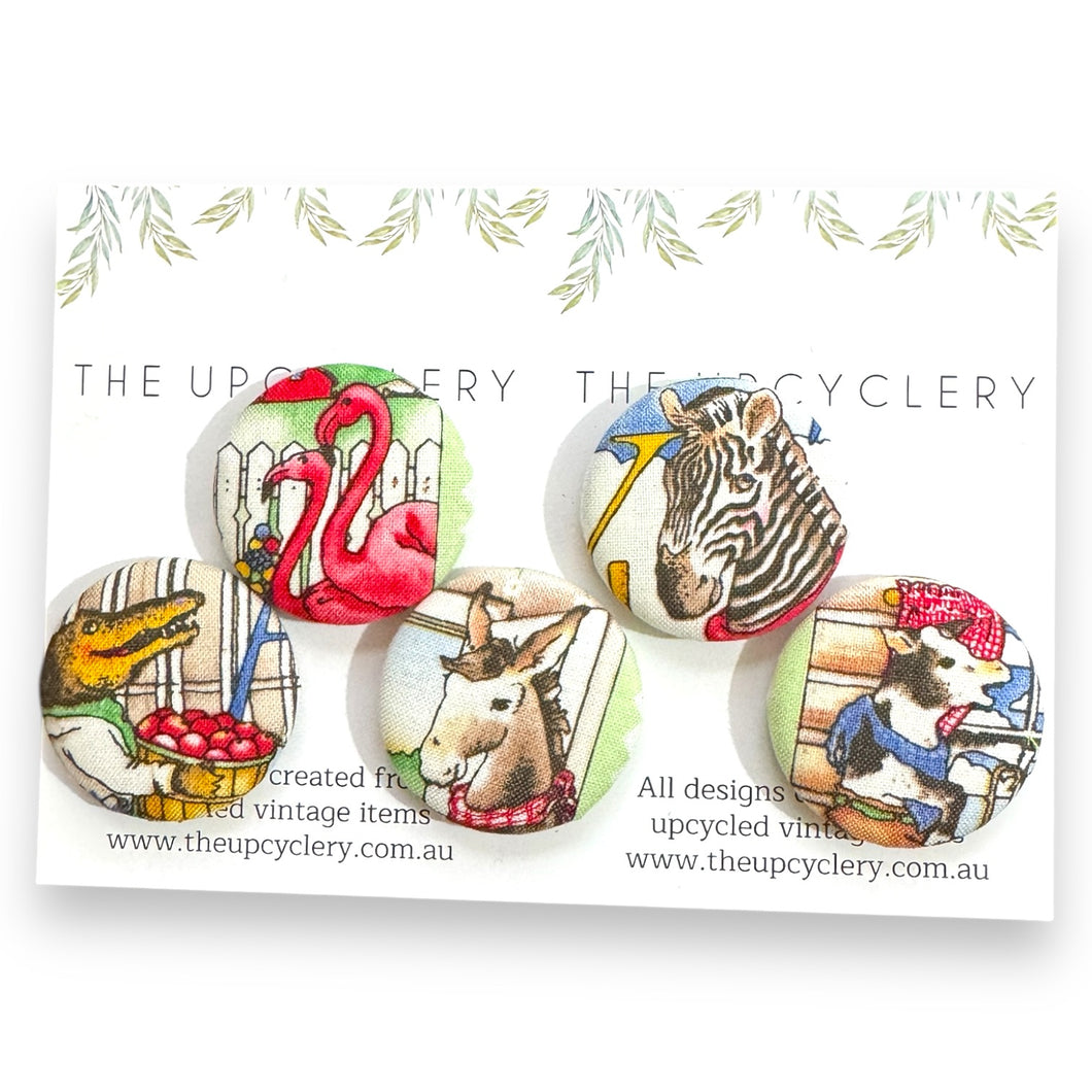 Upcycled fabric covered fridge magnet set of 5 - VINTAGE ANIMALS