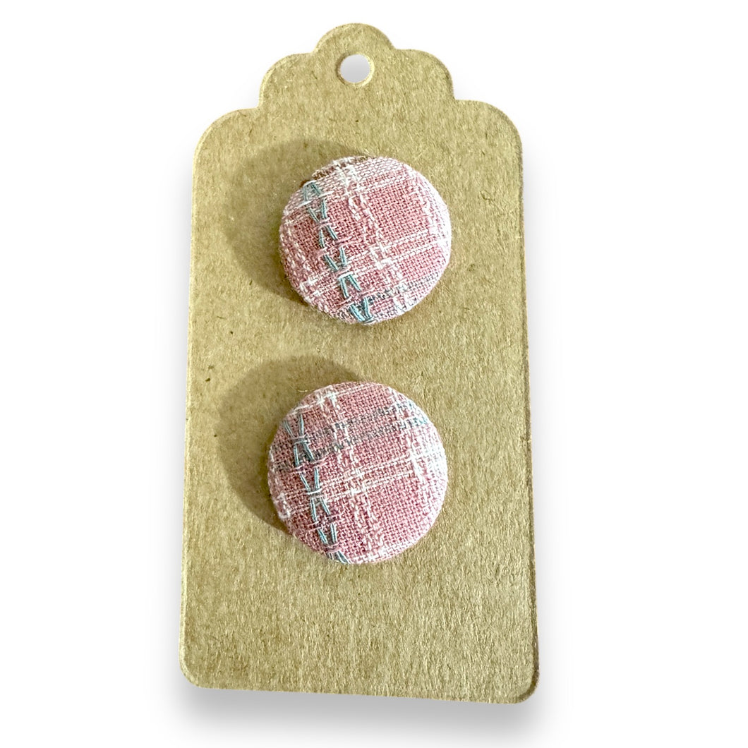 Upcycled fabric covered stud earrings with stainless steel posts - pale pink plaid