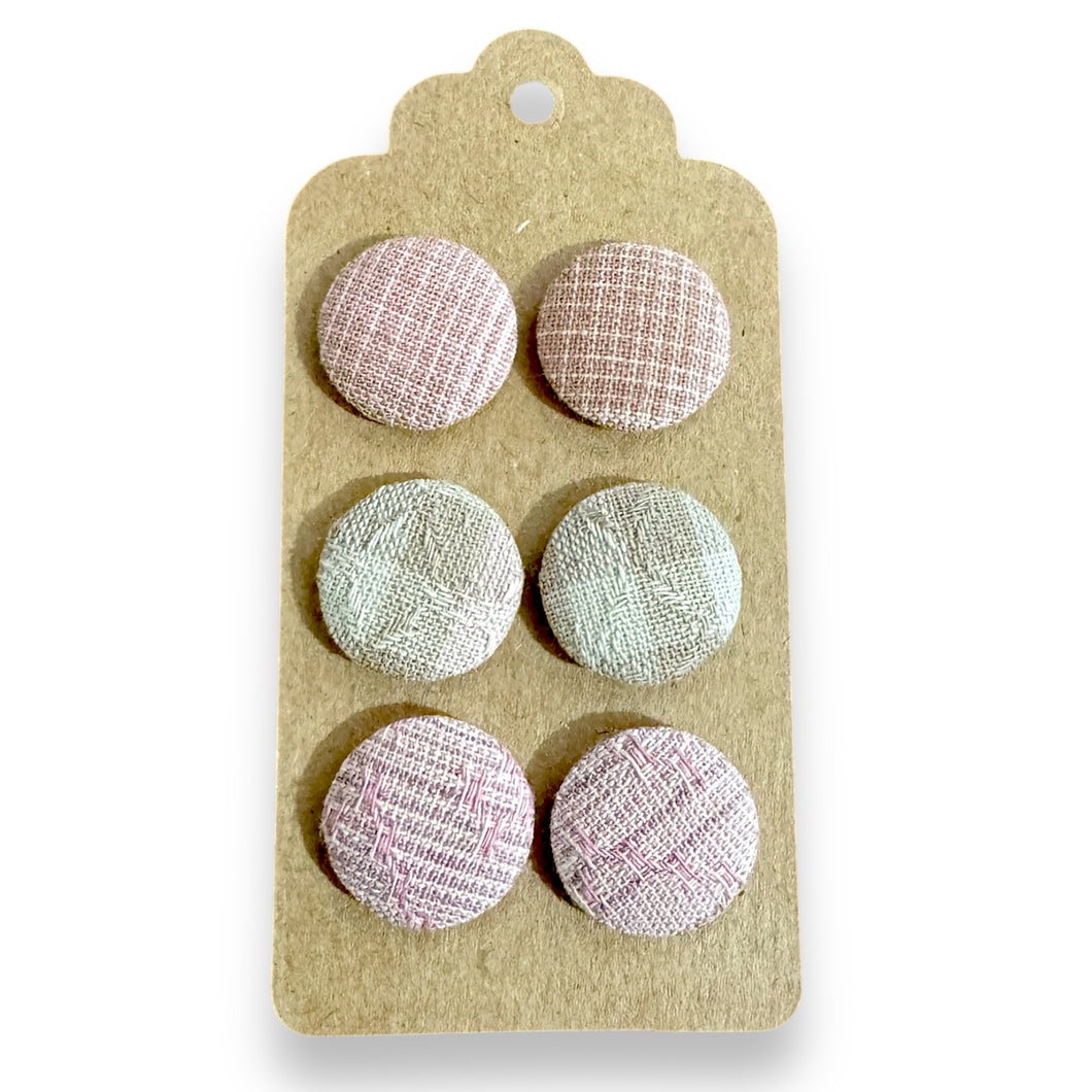 Upcycled fabric covered stud earrings with stainless steel posts - Set of 3 pastel pink plaid