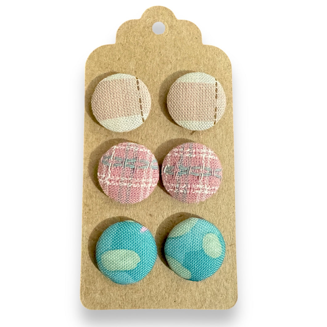 Upcycled fabric covered stud earrings with stainless steel posts - Set of 3 pretty pastels